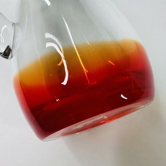 Clear Red Base Art Glass Pitcher Barware Cocktail Party Water Heavy READ - Picture 9 of 13